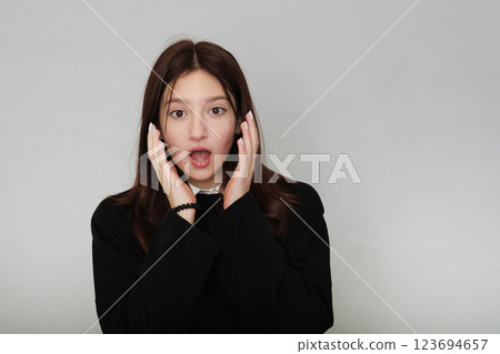 Surprised young lady with hands on face, mouth agape. Reflects genuine human reactions to unexpected good news or events. Surprised young lady with hands on face, mouth agape. Reflects genuine human reactions to unexpected good news or events. 123694657