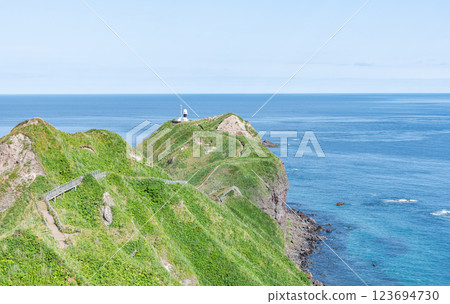 Hokkaido Shakotan Town Popular tourist attraction Kamui Cape and Kamui Cape Lighthouse in the beautiful summer with fresh greenery 123694730