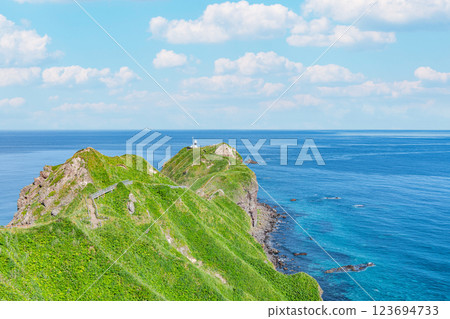 Hokkaido Shakotan Town Popular tourist attraction Kamui Cape and Kamui Cape Lighthouse in the beautiful summer with fresh greenery 123694733