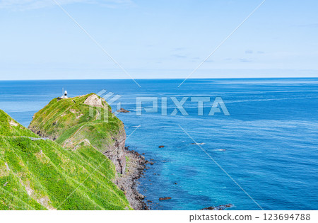 Hokkaido Shakotan Town Popular tourist attraction Kamui Cape and Kamui Cape Lighthouse in the beautiful summer with fresh greenery 123694788