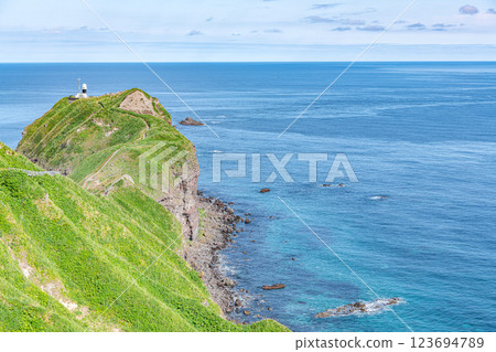 Hokkaido Shakotan Town Popular tourist attraction Kamui Cape and Kamui Cape Lighthouse in the beautiful summer with fresh greenery 123694789