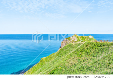 Hokkaido Shakotan Town Popular tourist attraction Kamui Cape and Kamui Cape Lighthouse in the beautiful summer with fresh greenery 123694799