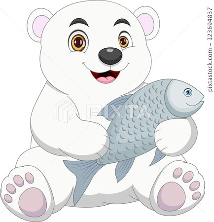 Polar bear baby holding big fish cartoon 123694837