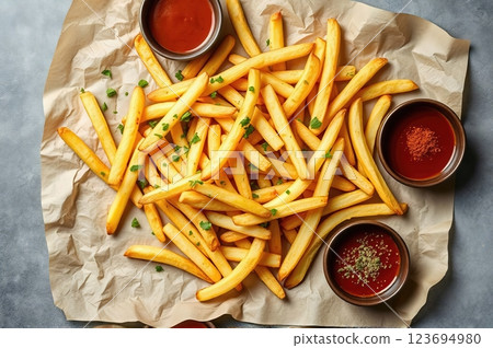 Artisanal Hand-Cut French Fries with Gourmet Dipping Sauces and Fresh Herbs on Rustic Parchment Paper A Contemporary Culinary Still Life 123694980