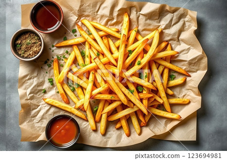 Artisanal Hand-Cut French Fries with Gourmet Dipping Sauces and Fresh Herbs on Rustic Parchment Paper A Contemporary Culinary Still Life 123694981