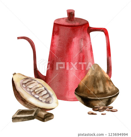 Cocoa drink watercolor composition with red coffee pot, cocoa powder and fresh brown pod illustration. Tropical fruit clipart for hot drink packing, cafe menu, poster, invitation design 123694994