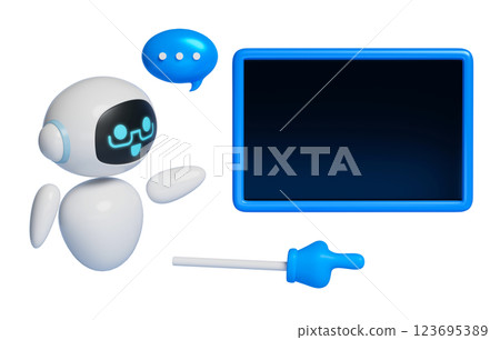 3D graphic of AI robot character lecturing in front of a blackboard 123695389