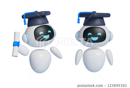 AI robot character wearing a graduation cap 3D graphics AI robot character wearing a graduation cap 3D graphics 123695391