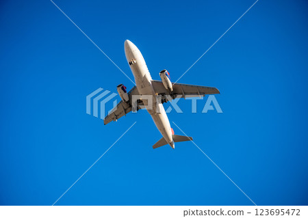 Underside view of an airplane flying through the sky, showcasing aviation technology, flight path, and the freedom of air travel. Underside view of an airplane flying through the sky, showcasing aviation technology, flight path, and the freedom of air travel. 123695472