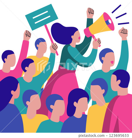 A modern, flat-style illustration of a protest with a woman leading the crowd using a megaphone. Perfect for articles, campaigns, posters, websites, social media, materials on human rights, activism. 123695633