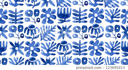 seamless pattern of abstract flowers and plants in modern style. blue watercolor seamless pattern of abstract flowers and plants in modern style. blue watercolor 123695813
