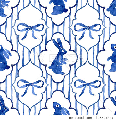easter seamless pattern in vintage style with ribbons and bows. blue watercolor wallpaper 123695825