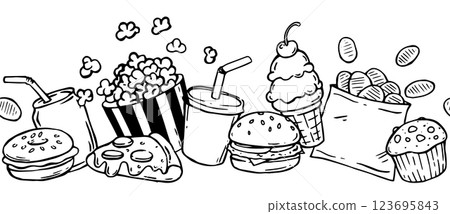 Seamless border on the theme of fast food, pizza, burger, ice cream and soda. Vector illustration in doodle style Seamless border on the theme of fast food, pizza, burger, ice cream and soda. Vector illustration in doodle style 123695843