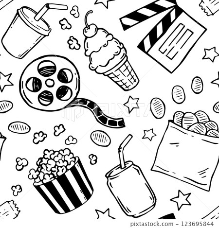Seamless pattern on the theme of cinema, film strip, popcorn, clapperboard. Vector illustration in doodle style 123695844