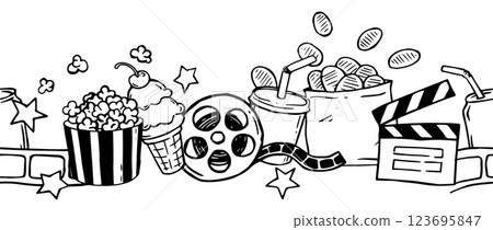 Seamlessborder on the theme of cinema, film strip, popcorn, clapperboard. Vector illustration in doodle style 123695847