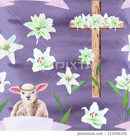 Wooden cross with lily garland, a lamb and a banner watercolor seamless pattern on textured purple background. Illustration perfect for Easter, Holy Thursday, baptism, church wedding cards decor 123696100