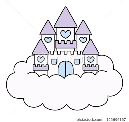 Vector illustration of a castle with clouds and cute hearts. Fairy tale, fancy, line 123696167