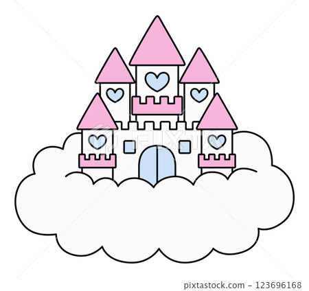 Vector illustration of a castle with clouds and cute hearts. Fairy tale, fancy, line 123696168