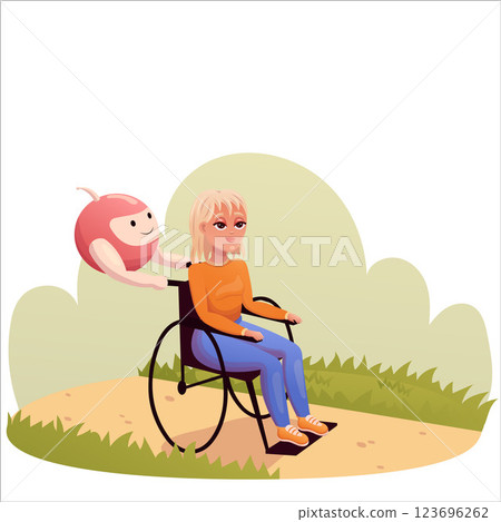 Vector illustration robot helps a girl in a wheelchair on a walk Vector illustration robot helps a girl in a wheelchair on a walk 123696262