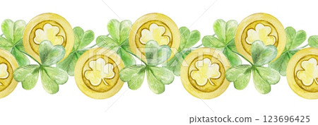 Green clover leaves and golden coins, seamless border. Symbols of St. Patricks Day holiday. Hand drawn watercolor illustration. For greeting cards, wrapping paper, textile, wallpaper. Green clover leaves and golden coins, seamless border. Symbols of St. Patricks Day holiday. Hand drawn watercolor illustration. For greeting cards, wrapping paper, textile, wallpaper. 123696425