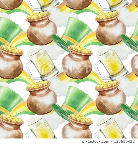 Green top hat, pot of gold coins, beer mug, rainbow, seamless pattern. Symbols of St. Patricks Day holiday. Hand drawn watercolor illustration. For greeting cards, wrapping paper, fabric, wallpaper. 123696428