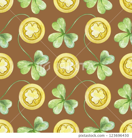 Green clover leaves and golden coins, seamless pattern. Symbols of St. Patricks Day holiday. Hand drawn watercolor illustration. For greeting cards, wrapping paper, textile, covers, fabric, wallpaper. 123696430