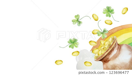 Clay pot with gold coins, clover leaves, rainbow. Corner frame with space for text. Symbol of St. Patricks Day. Hand drawn watercolor illustration isolated. For greeting cards, invitations, banners. 123696477
