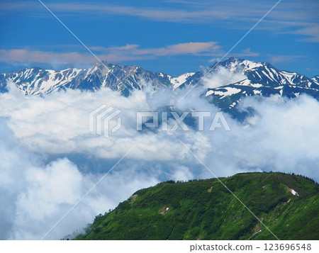 View of the Northern Alps and Hakuba Sanzan in summer from Mount Hiuchi 123696548