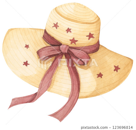 Hat Summer Watercolor Illustration. Minimal Beach Hat Art with Soft Pastel Colors and Coastal Vibes Hat Summer Watercolor Illustration. Minimal Beach Hat Art with Soft Pastel Colors and Coastal Vibes 123696814