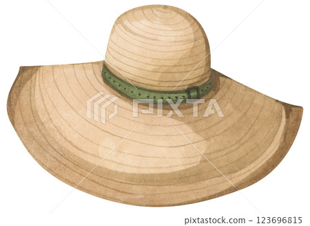 Hat Summer Watercolor Illustration. Minimal Beach Hat Art with Soft Pastel Colors and Coastal Vibes 123696815