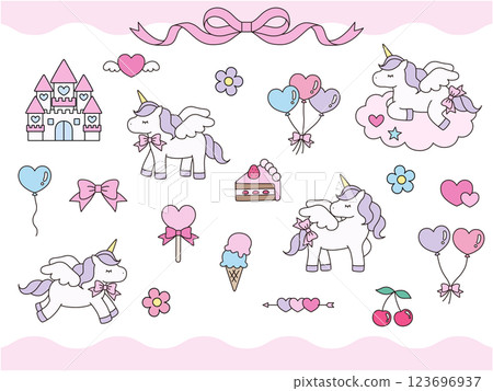 Set of cute unicorn vector illustrations. Horse, ribbon, heart, balloon, cherry, castle Set of cute unicorn vector illustrations. Horse, ribbon, heart, balloon, cherry, castle 123696937