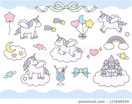 Set of cute unicorn vector illustrations. Horse, ribbon, heart, balloon, cherry, castle 123696938