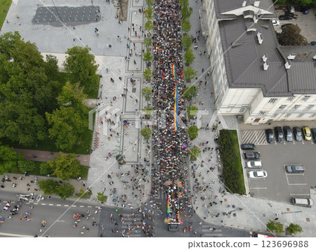 Aerial view of a large crowd marching in a city street during a public demonstration. Protest and social movement concept Aerial view of a large crowd marching in a city street during a public demonstration. Protest and social movement concept 123696988
