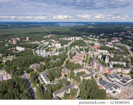 Aerial view of a suburban residential area surrounded by forests and greenery. Urban planning and real estate concept Aerial view of a suburban residential area surrounded by forests and greenery. Urban planning and real estate concept 123696991