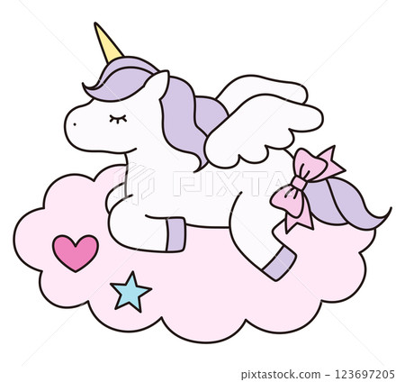 Vector illustration of a cute unicorn with clouds. Horse, animal, ribbon, dreamy, wings, pegasus, line 123697205
