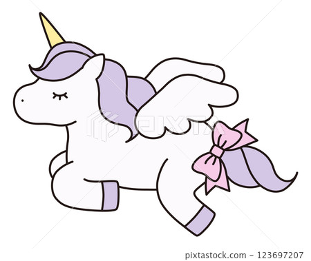 Cute unicorn vector illustration. Horse, animal, ribbon, dreamy, wings, pegasus, line 123697207