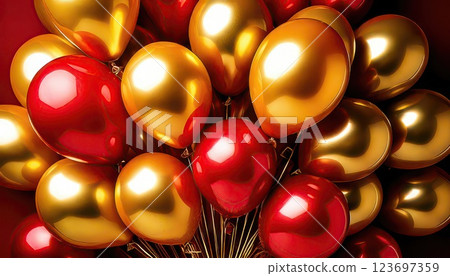 AI image: Many balloons floating in the air (gold and red) 123697359