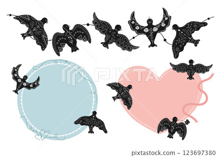 Heart and circle templates decorated with hand drawn dove silhouettes drawing in boho style. Templates decorated with black birds with floral arrangement. Vector illustration 123697380