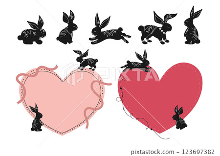 Heart templates decorated with black rabbit silhouettes drawn in boho style. Set of rabbit silhouettes decorated with botanical elements. Vector illustration 123697382