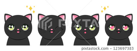 Cute black cat in anime style set. Anime cat mascot with big green eyes with sparkles. Vector illustration Cute black cat in anime style set. Anime cat mascot with big green eyes with sparkles. Vector illustration 123697383