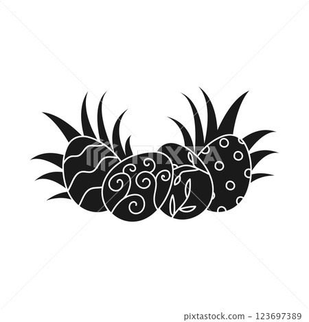 Silhouette of Easter eggs lying on the grass. Happy Easter. Hand drawn vector illustration 123697389