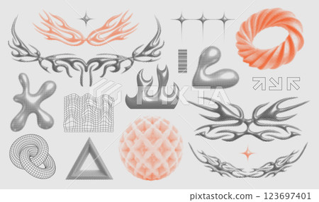 3d halftone dotted Retro brutalism graphic set. Grunge tribal and wireframe elements with stipplism, and chrome metallic retro elements. Vector set 123697401