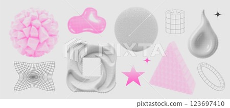 3d graphic assets set in retro dotted halftone style, retro futuristic geometric elements with wireframe different forms, bold modern shapes for design template, poster, banner in Y2k style. Vector 123697410