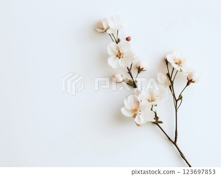 Delicate cherry blossoms on a thin branch against a soft white background, evoking a sense of purity 123697853
