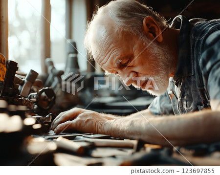 Elderly craftsman with a white beard working intently in a workshop 123697855