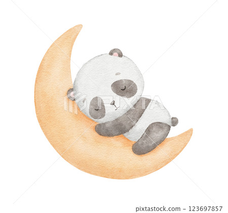 Watercolor cute panda sleeping on moon, watercolor hand drawn illustration for kids, drawing 123697857