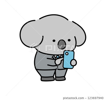 一個穿著西裝的可愛無尾熊角色正在操作智慧型手機 123697940
