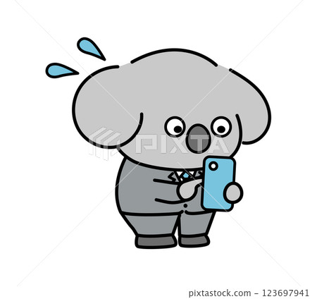 穿著西裝的無尾熊角色在操作智慧型手機時顯得有些慌亂 穿著西裝的無尾熊角色在操作智慧型手機時顯得有些慌亂 123697941