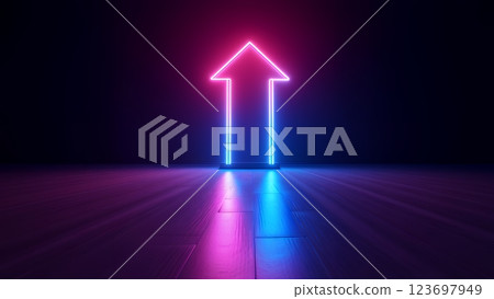 Neon pink and blue upward arrow graphic painted on a dark wooden floor Neon pink and blue upward arrow graphic painted on a dark wooden floor 123697949