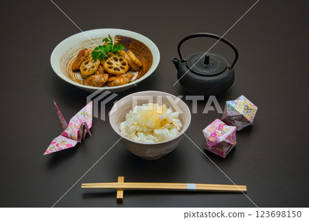Chicken and lotus root stir-fried in sweet and sour sauce with coriander Chicken and lotus root stir-fried in sweet and sour sauce with coriander 123698150